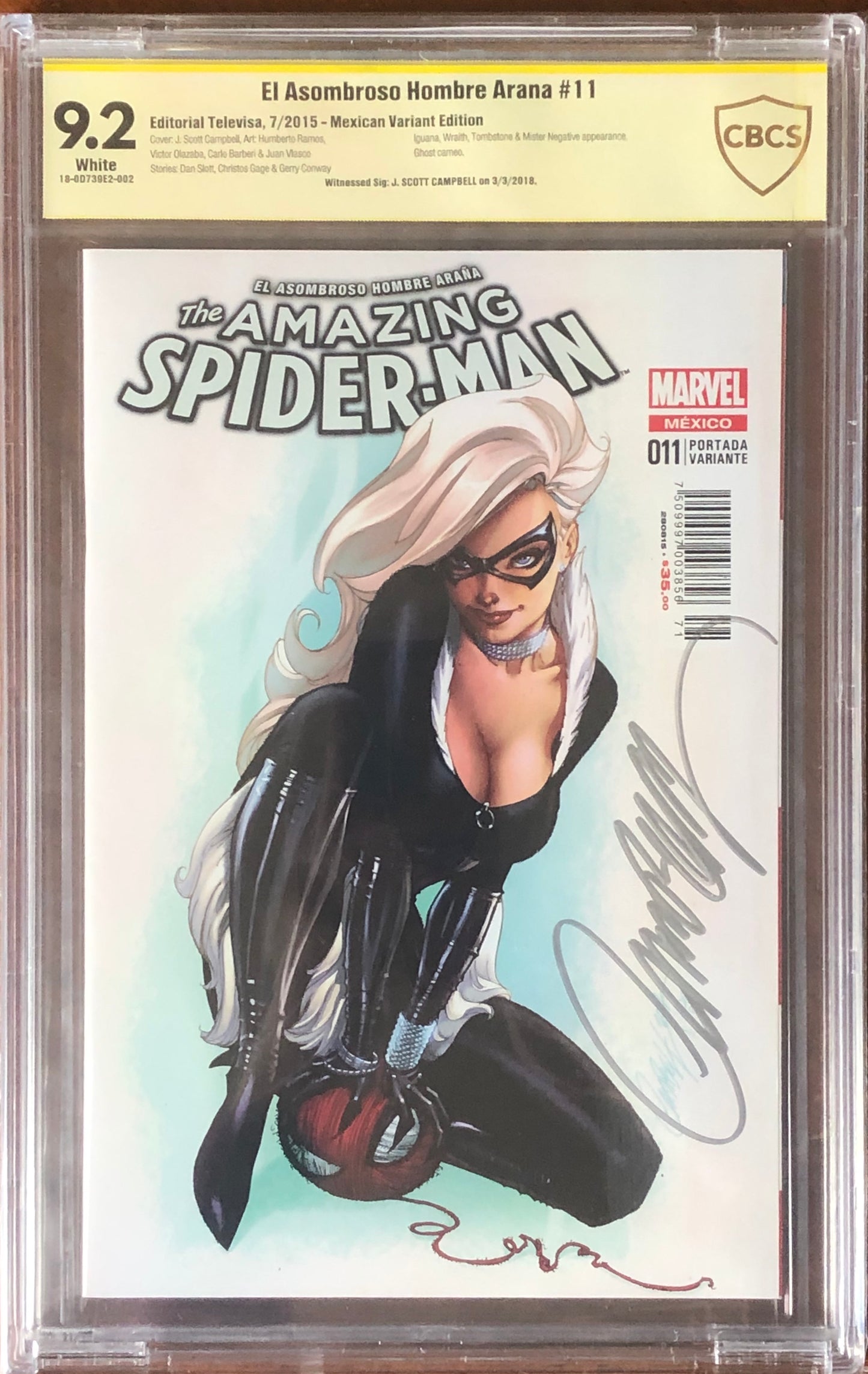 The Amazing Spider-man #11 - Cover E - J. Scott Campbell White Black Cat Mexican Variant - CBCS Signature Grade 9.8
