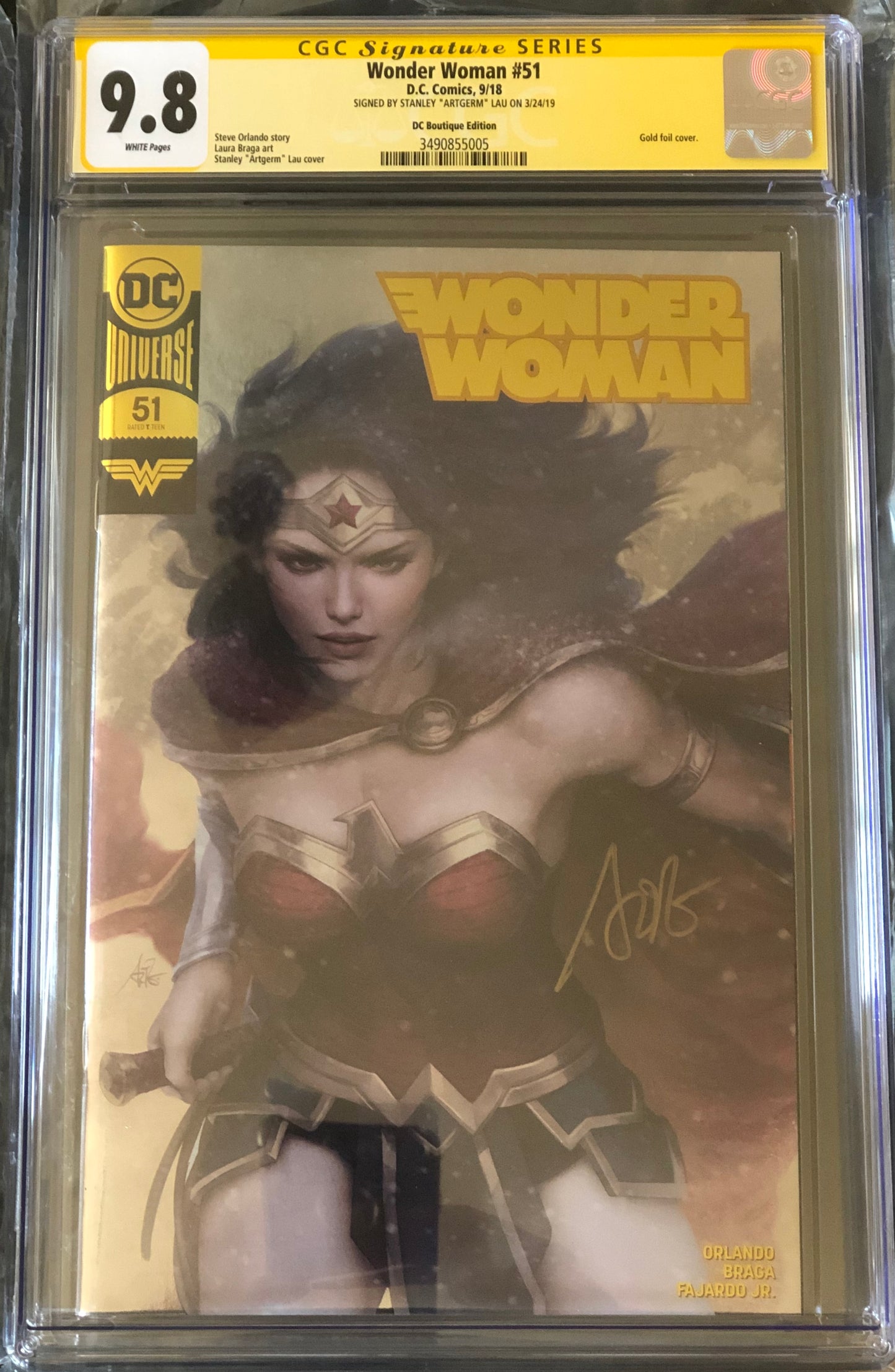Wonder Woman Vol5 #51 - Cover F - Stanley Artgerm Lau Gold Foil Variant - CGC Signature Series 9.8
